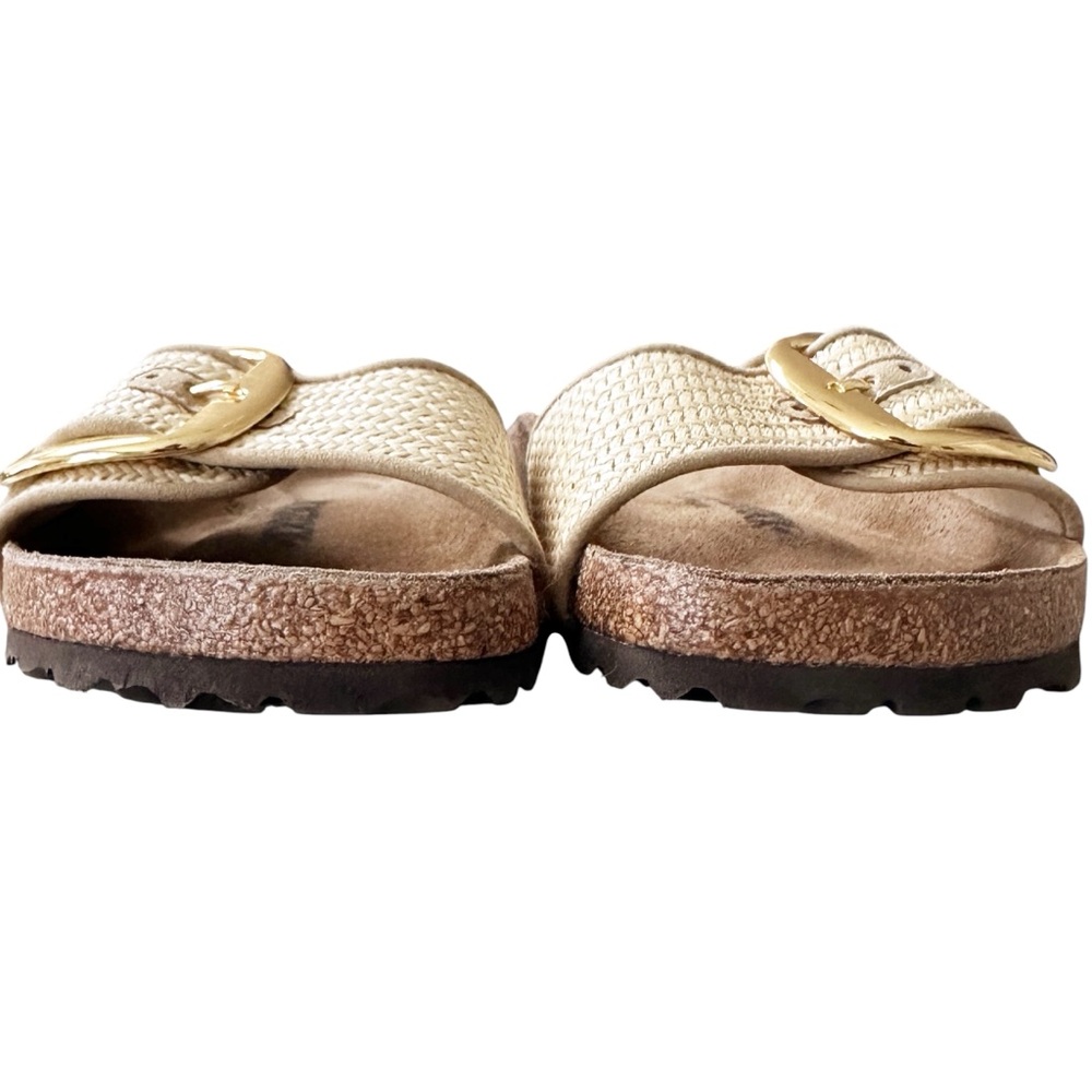 Birkenstock Cream Raffia Single-Strap Slide Sandals with Gold Buckle Detail. - Picture 7 of 13